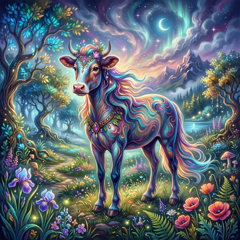 Ethereal Horse-Cow Hybrid in Mystical Meadow | Fantasy Art