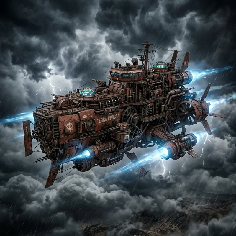 Flying Apocalypse Machine - Colossal Mechanical Contraption Soaring in Terra Cotta Color