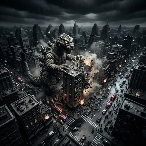 Giant Monster Destroys City: Aerial Claymation Scene