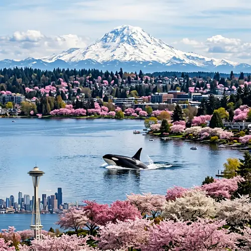Cherry Blossom Season in Lake Washington with Orca and Space Needle View
