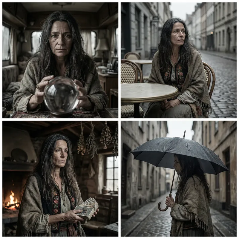Fortune Teller Woman with Black Hair, Age 45, Varied Backgrounds Fortune Teller Woman with Black Hair, Age 45, Varied Backgrounds