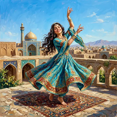 Persian Woman Dancing Under Clear Blue Sky - Oil Painting