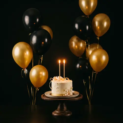 Elegant Golden Balloons and Glowing Cake Celebration