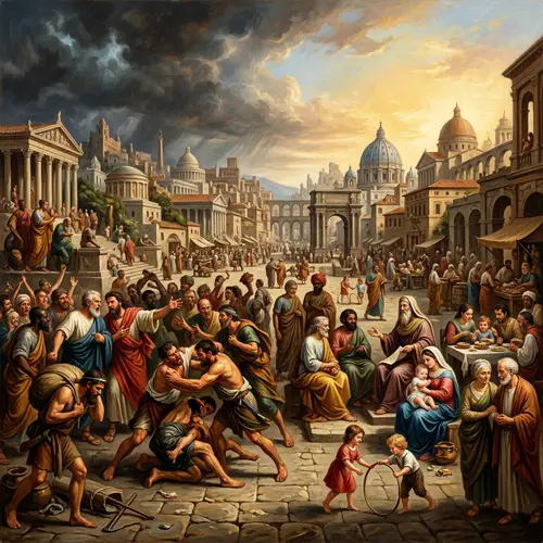 Allegorical Painting on Human Condition in Diverse Ancient Cityscape