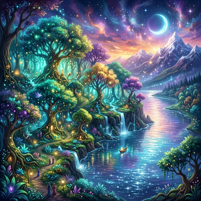 Enchanting Mystical Forest with Glowing Lake | Vibrant Fantasy Scene