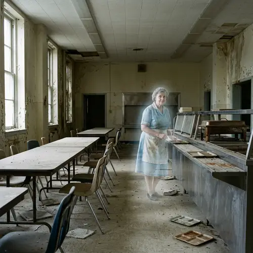 Eerie Abandoned School Lunch Room with Ghostly Lunch Lady