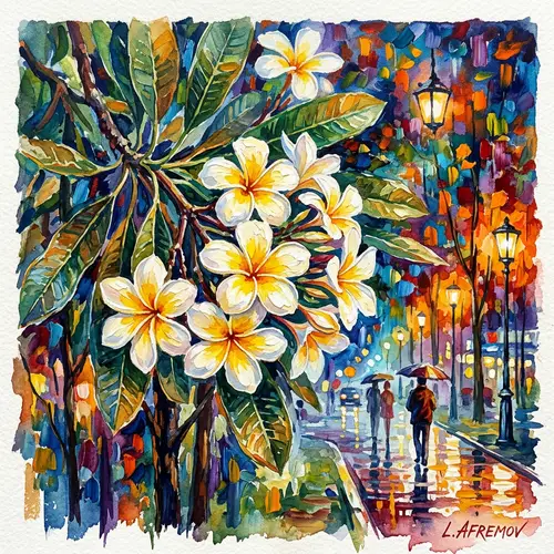 Plumeria Flower Watercolor in Afremov Style