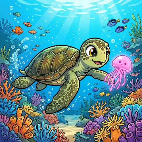Cute Sea Turtle Playing with Pink Jellyfish - Cartoonish Style