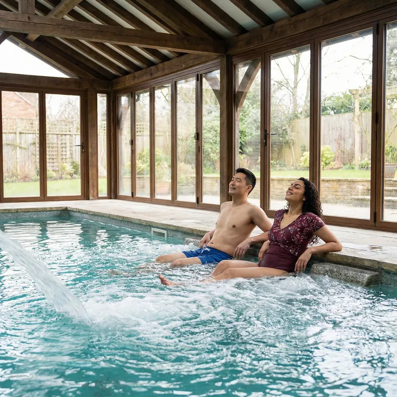Indoor Pool Chilling: Couple in Refreshing Water Jets