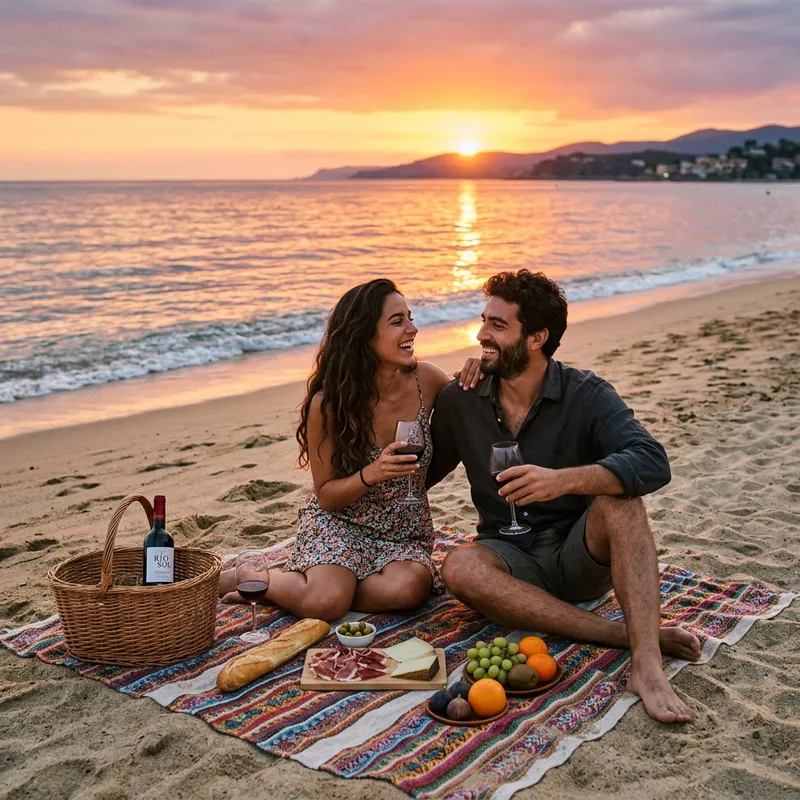 Spanish Couple Picnicking at Beach During Sunset | Romantic Mediterranean Scene