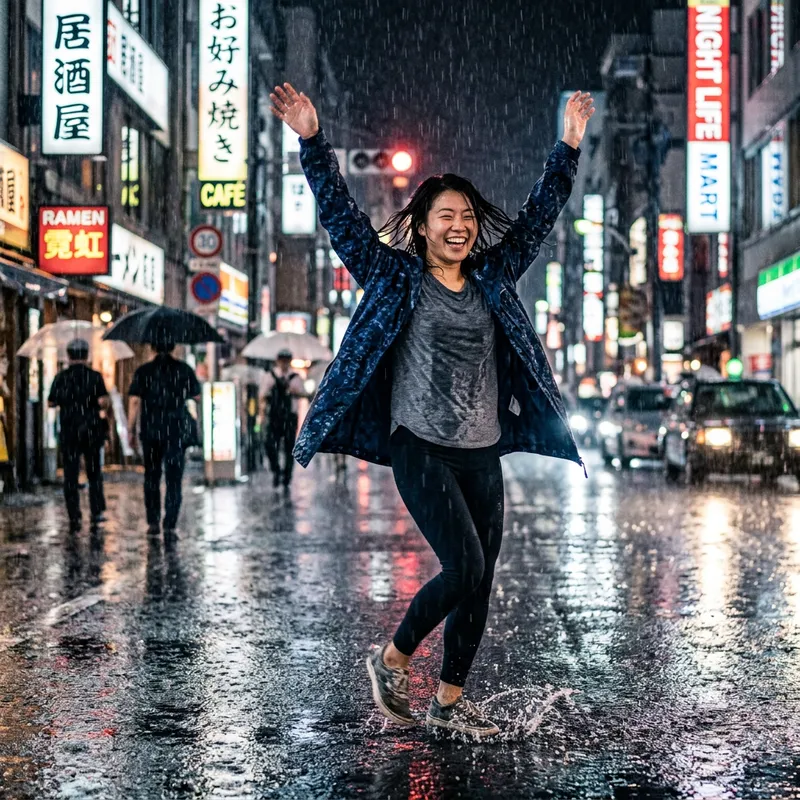 Joyful Asian Woman Dancing in Rain | Urban Setting