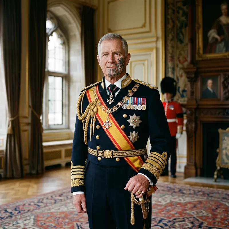 Prince Charles Portrait with Bold Face Tattoo