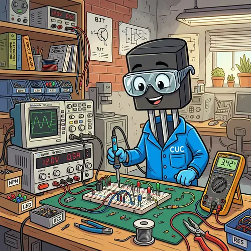 Cartoon Transistor Mascot in Tech Lab