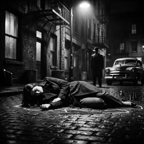 Tragic Film Noir Scene: Woman with Long Black Hair Lying Motionless