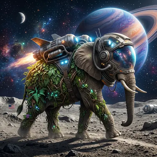 Interstellar Elephant with Half-Plant Body and Jetpack Helmet