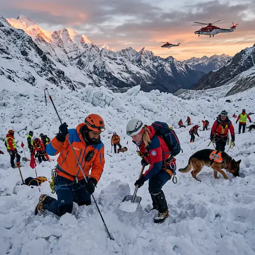 Mountain Avalanche Rescue Scene: Dramatic Snow Rescue Effort