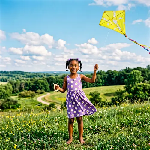 Young African Girl with Pigtails Holding a Lemon-colored Kite