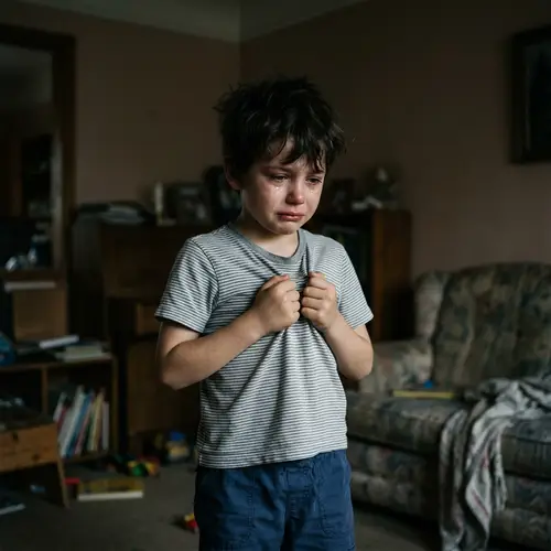 Crying Boy with Blue Shorts | Emotional Image Depiction