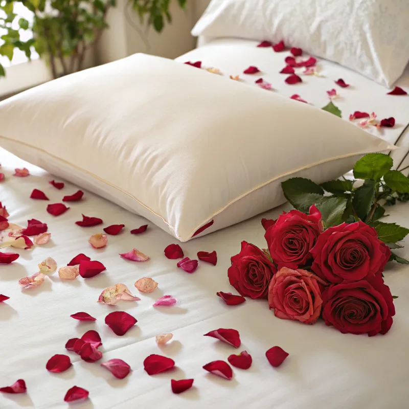 Beautiful Pillow with Roses on Bed