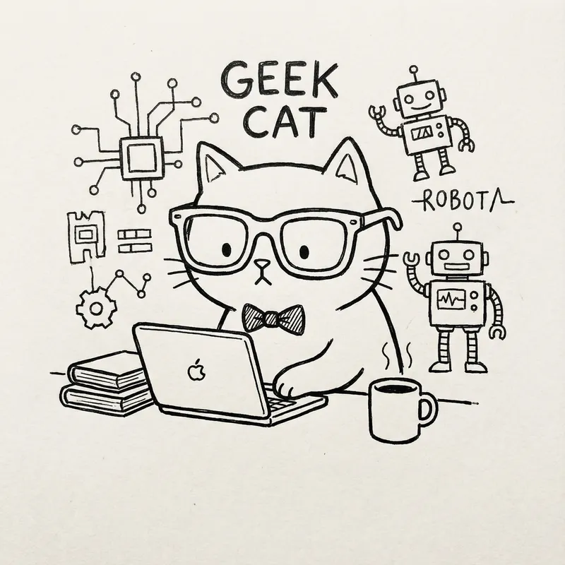 Geek Cat Doodle Drawing - Cute & Simple Art