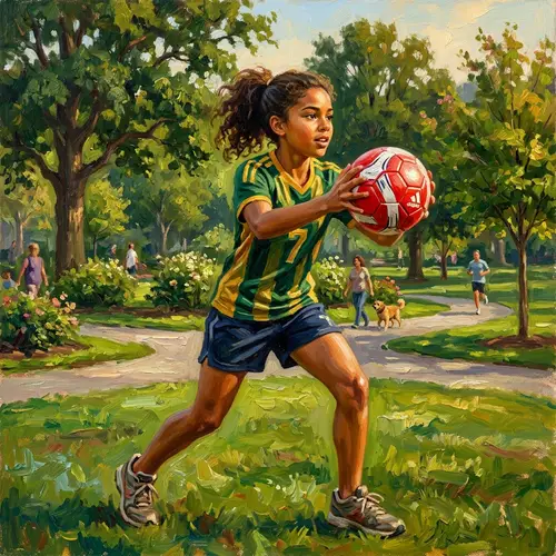 Athletic Girl Oil Painting in Vibrant Park Setting