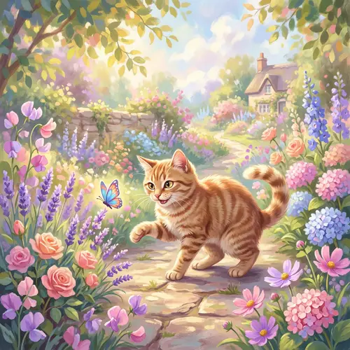 Playful Domestic Cat in Sunlit Garden | Whimsical Digital Painting