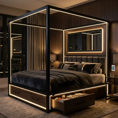 Regal Cubic Black Metal Bed with Mirror Headboard 180x200 cm