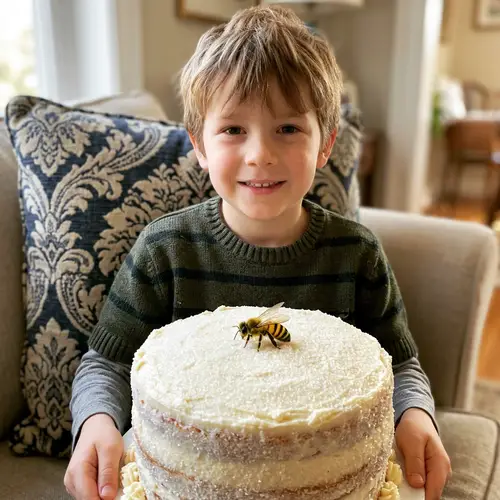 Young Boy Holding Multi-Layered Cake with Bee and Pillow