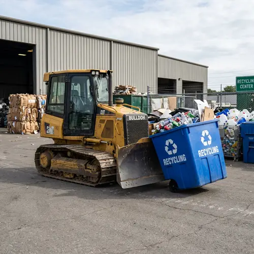 Bulldoh Pushing a Recycling Bin