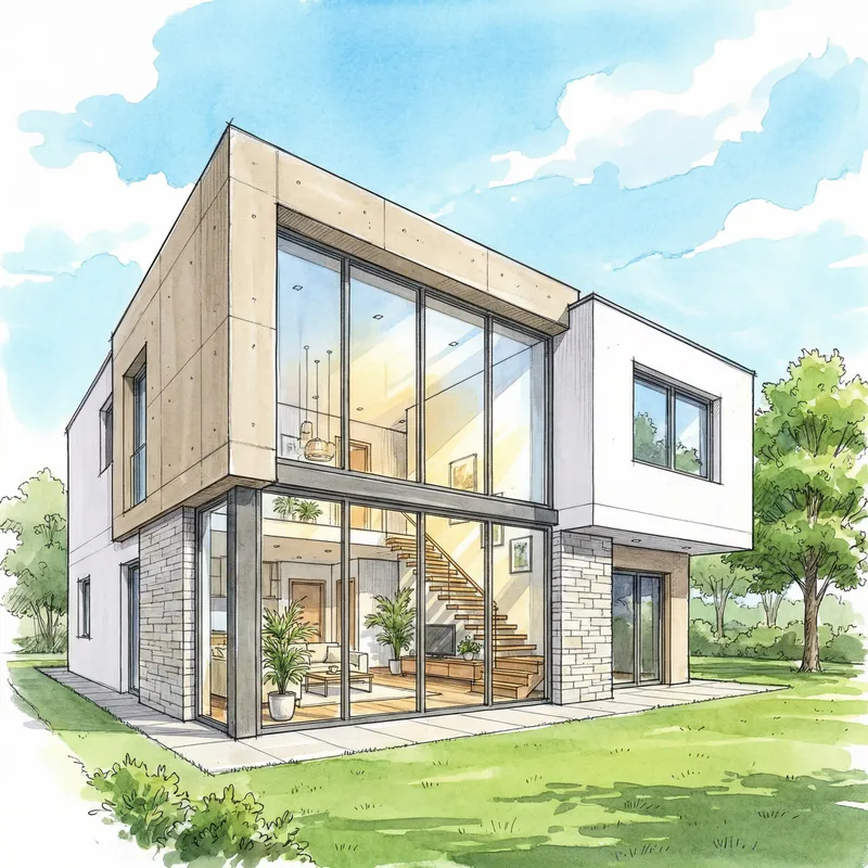 Modern Two-Storey House Sketch with Large Glass Window Modern Two-Storey House Sketch with Large Glass Window