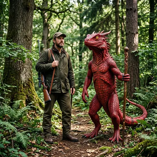 Exotic Red Lizard and Hunter in Dense Forest