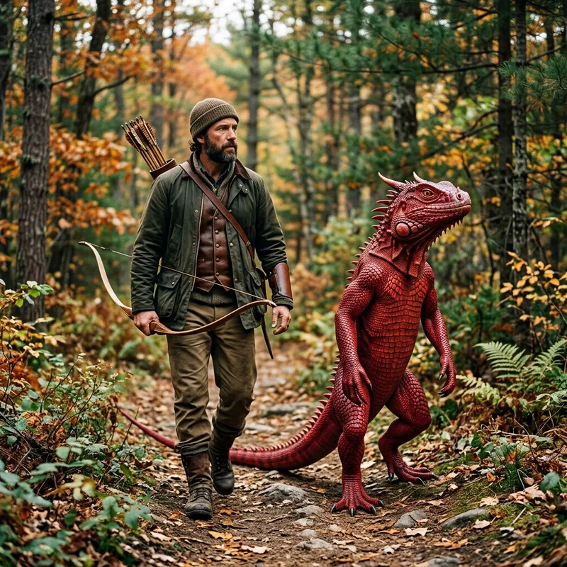 Hunter with Human-Sized Red Lizard - Captivating Image