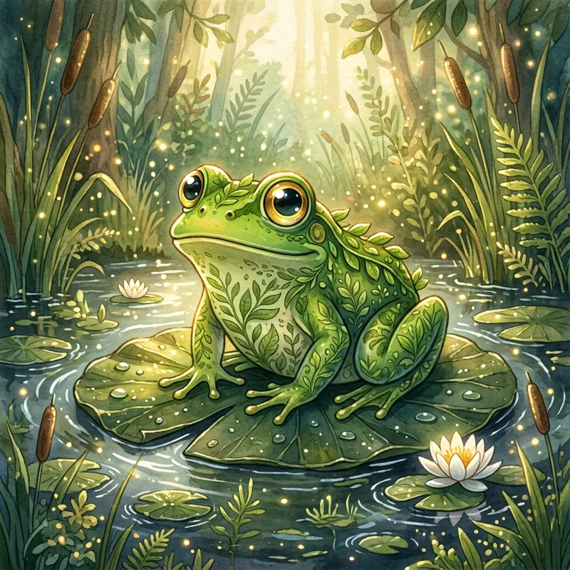 Whimsical Green Frog - Enchanting Nature Scene Whimsical Green Frog - Enchanting Nature Scene