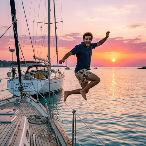 Middle-Eastern Man Leaping off Sailboat at Sunset