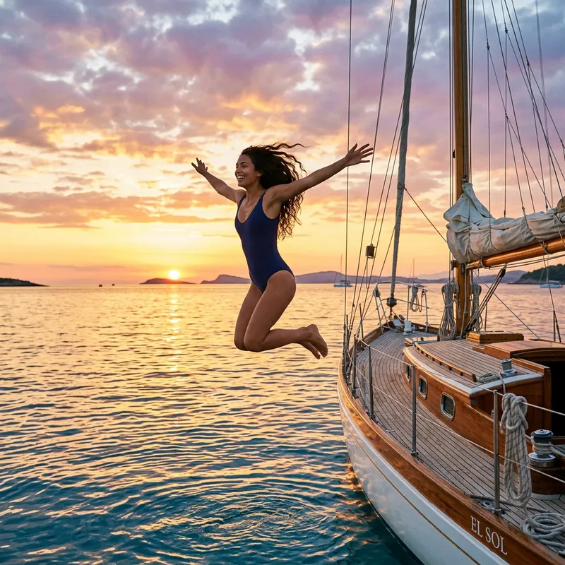Sunset Boat Jump | Person Leaping off Classic Sailboat