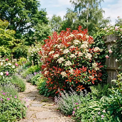 Blooming Photinia Evergreen Shrub in Lush Summer Garden