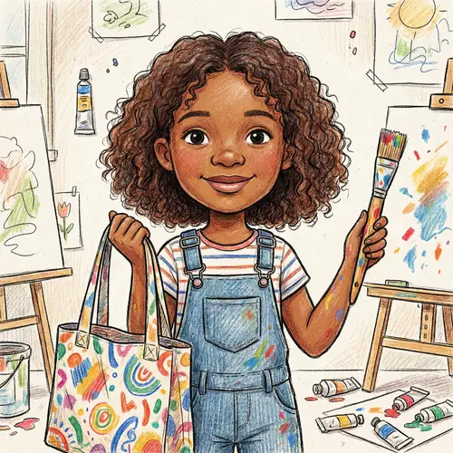 Young Black Girl with Curly Hair Holding Tote Bag and Paintbrush