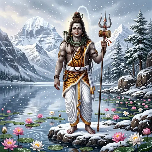 Lord Shiva Beautiful Deity by Water with Lotus Flowers