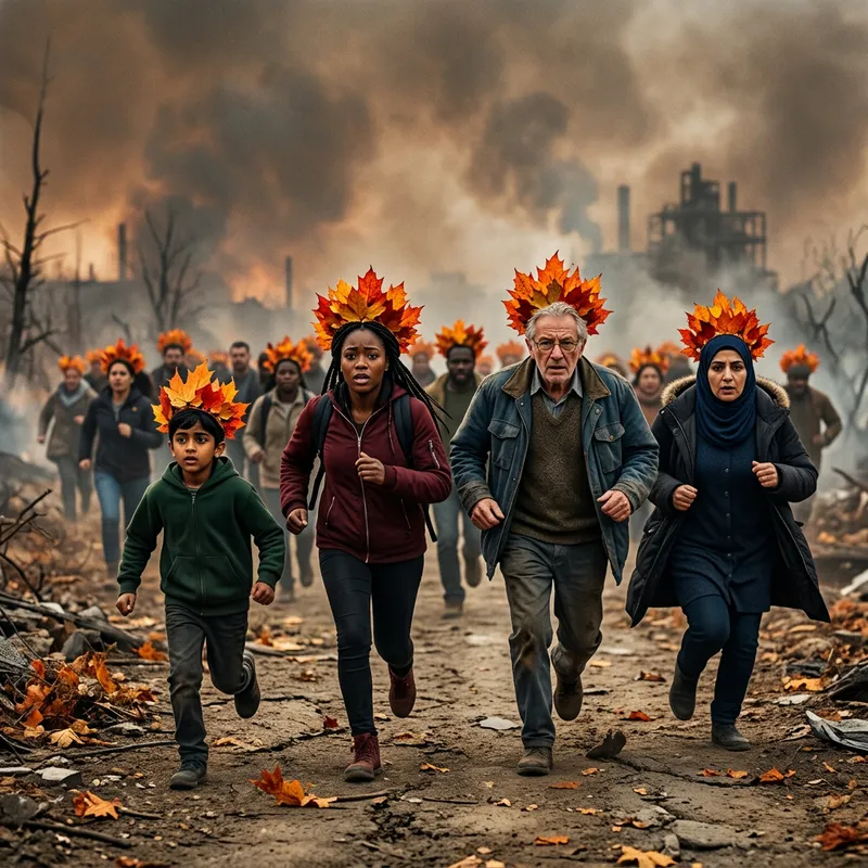 Symbolic Climate Change Image: People Running with 'Fire' Crowns