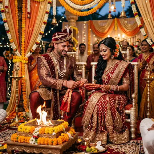 Traditional Indian Wedding Ceremony with Muscular Groom and Elegant Bride