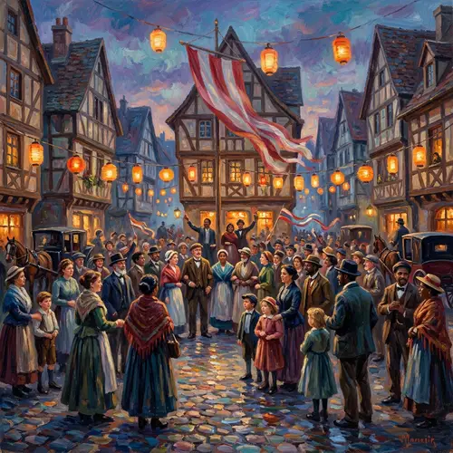 Impressionist Patriotism: A Vivid Town Square Scene