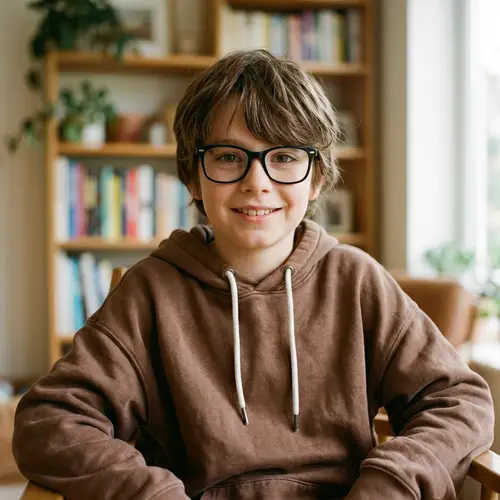 Portrait of a Boy in a Brown Hoodie and Glasses