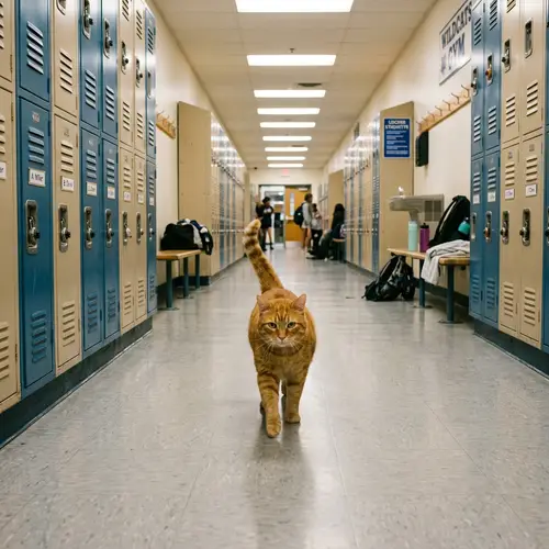 Mischievous Ginger Cat in School Locker Room