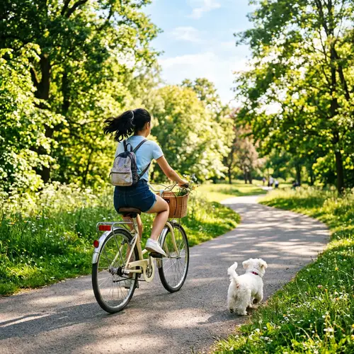 Black-Haired Girl Riding Bicycle with White Puppy in Vibrant Green Park