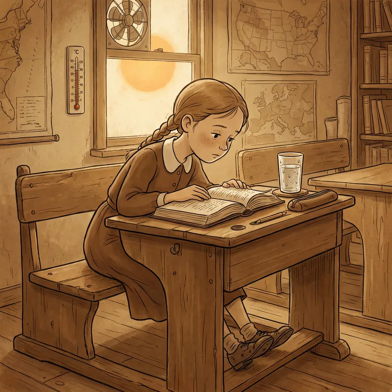 Nostalgic Scene: Girl at School Desk Focused on Book