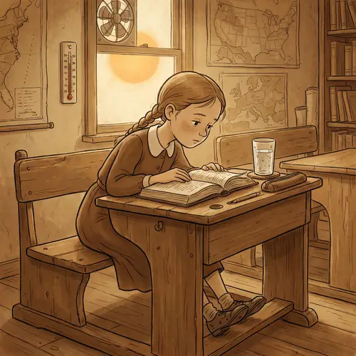 Nostalgic Scene: Girl at School Desk Focused on Book