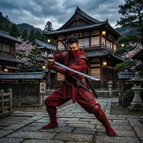 Intense Red Ninja Warrior | Determined Japanese Fighter