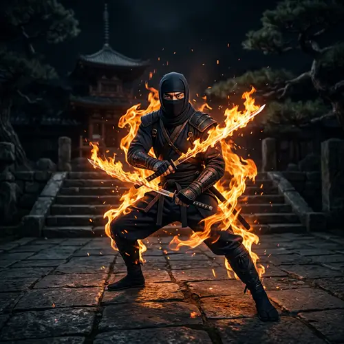 Fiery Ninja Master Controlling Flames | Ninja Swords Image