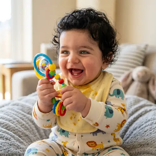 Adorable Middle-Eastern Baby with Colorful Rattle | Cute Infant Photo