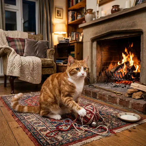 Adorable Tabby Cat Playing with Yarn in Cozy Home Setting